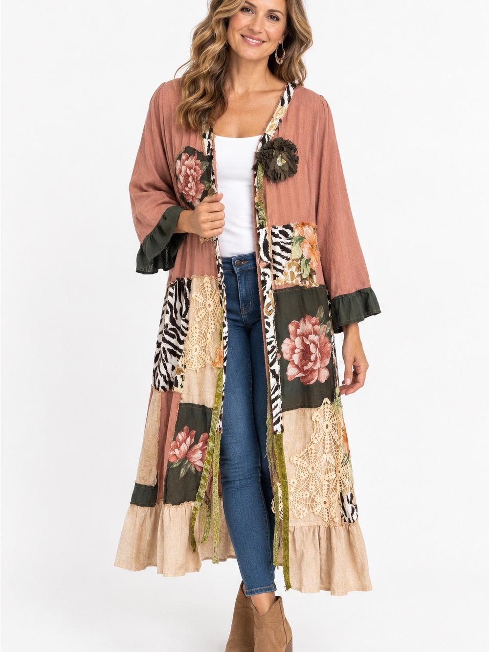 Handmade Upcycled Boho Patchwork Floral Duster Kimono Art to Wear OS